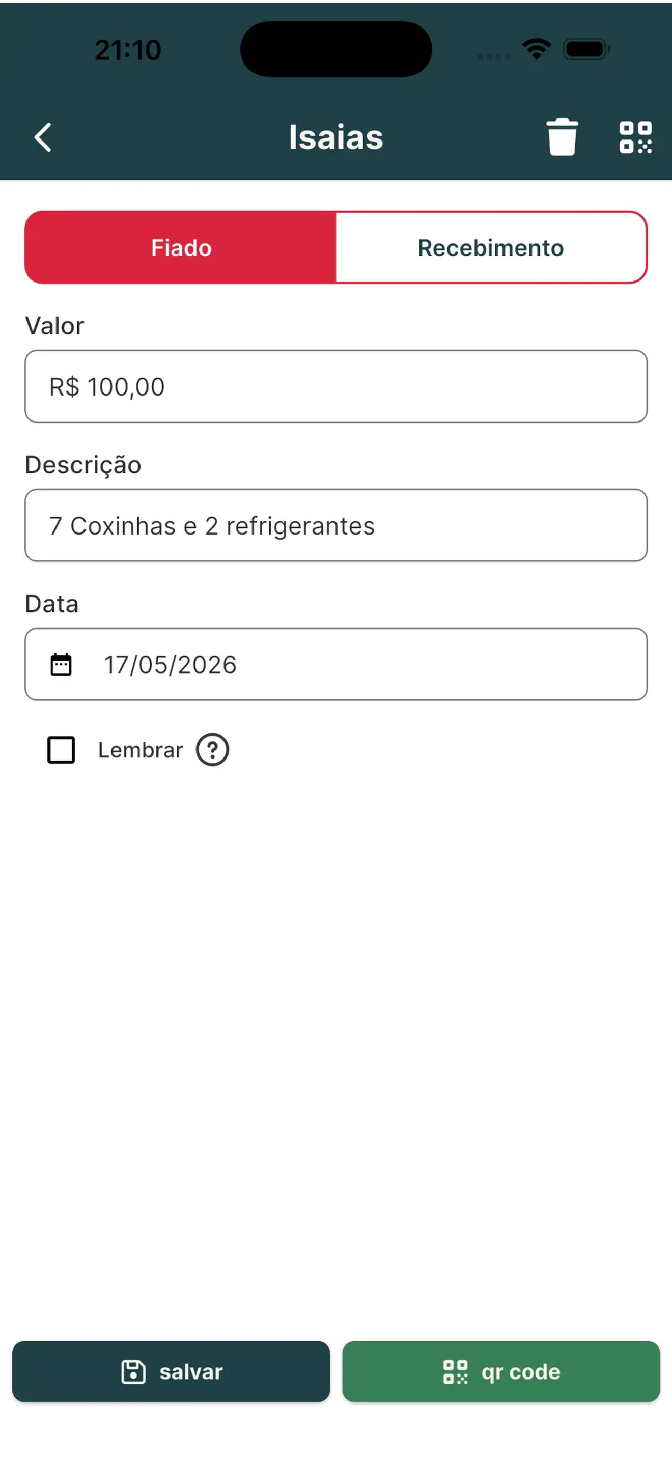 Tela de registro de fiado com valor, descrição e data