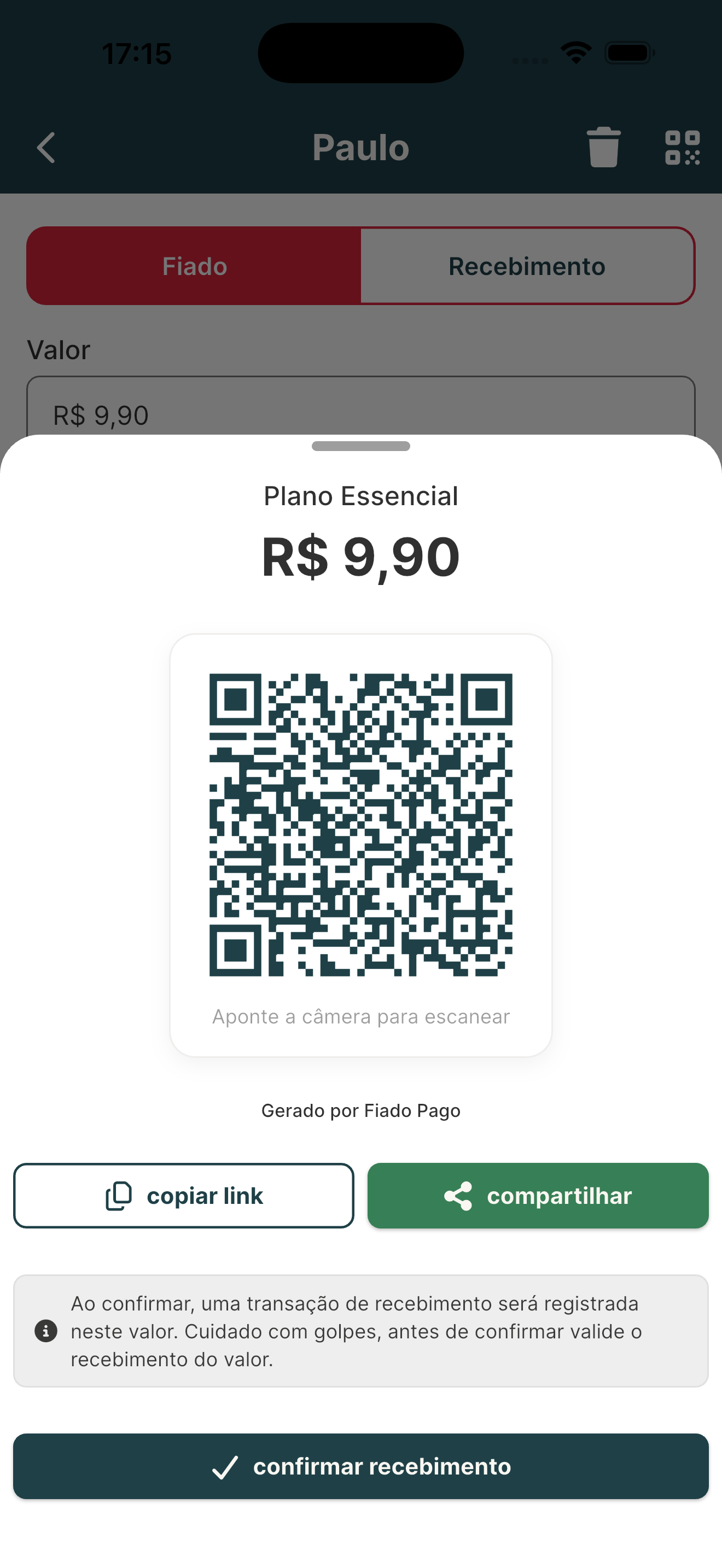 Tela de cobrança via QR Code Pix