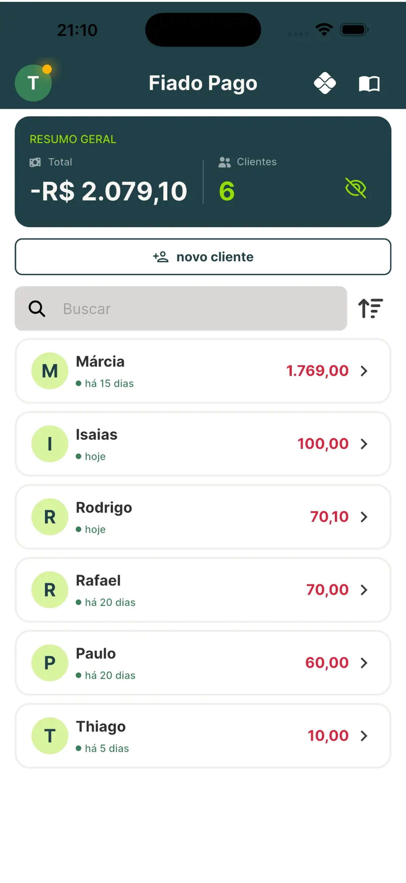 Tela inicial do Fiado Pago com lista de clientes e saldo geral