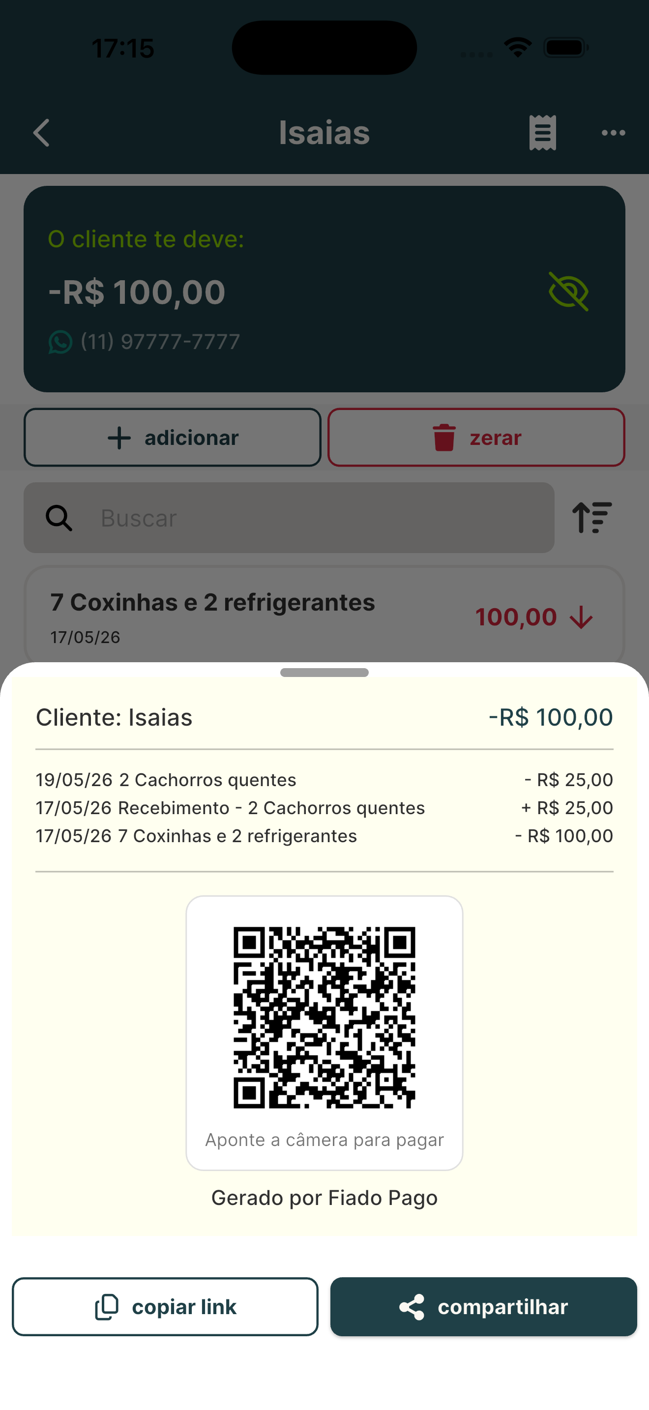 Recibo com QR Code Pix para compartilhar com o cliente