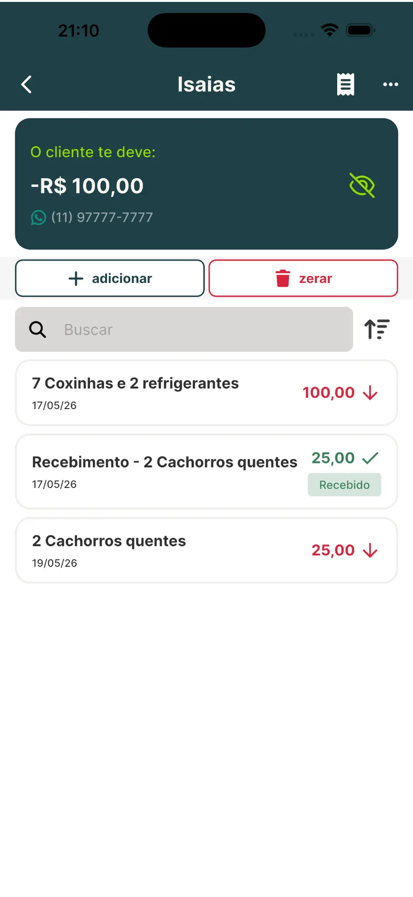 Tela de transações do cliente com fiados e recebimentos listados
